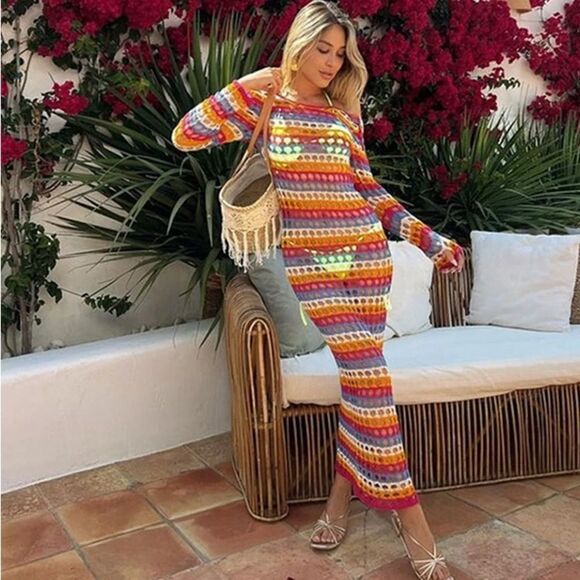 Mango blogger favorite multi color knit crochet maxi dress - Picture 1 of 16